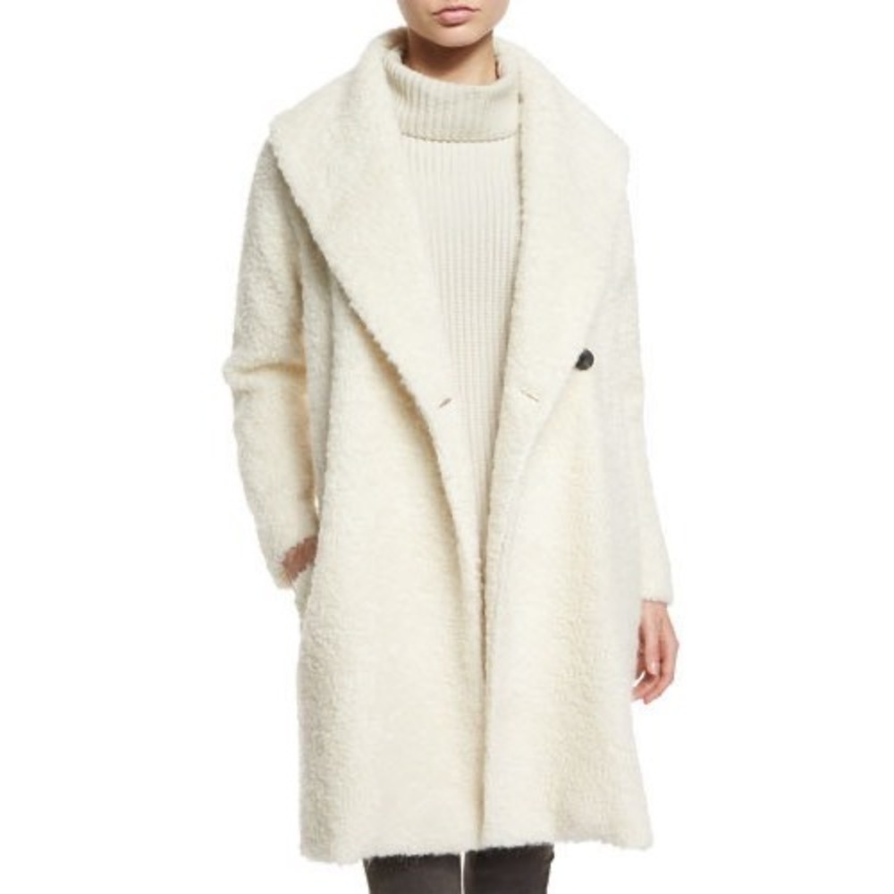 Vince Off White Boucle Wool Blend Shawl Collar Coat Cream‎ Size XS